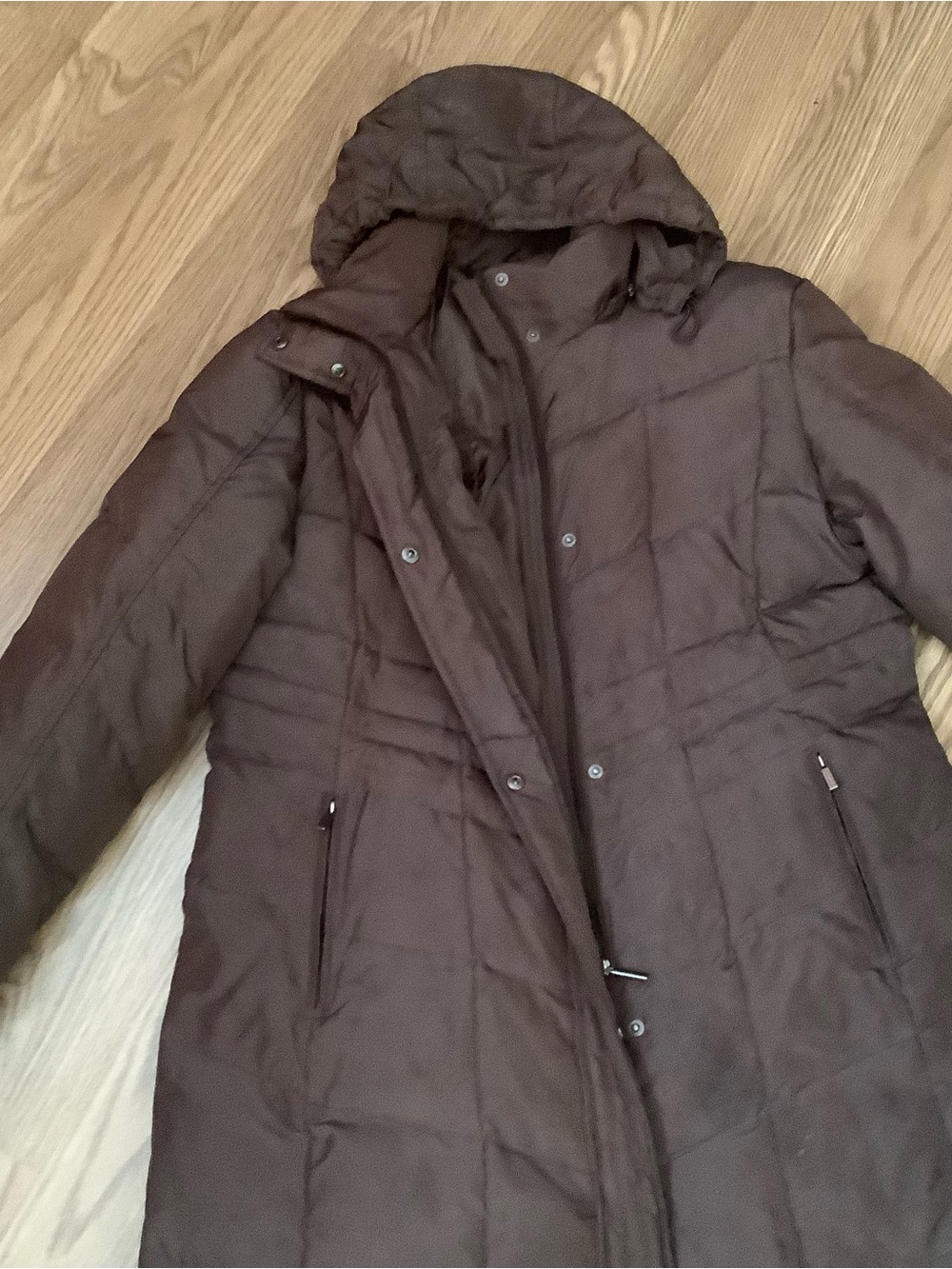 Alfani Outerwear Women’s Long Puffer Down Coat Brown Size L Stowed Hooded